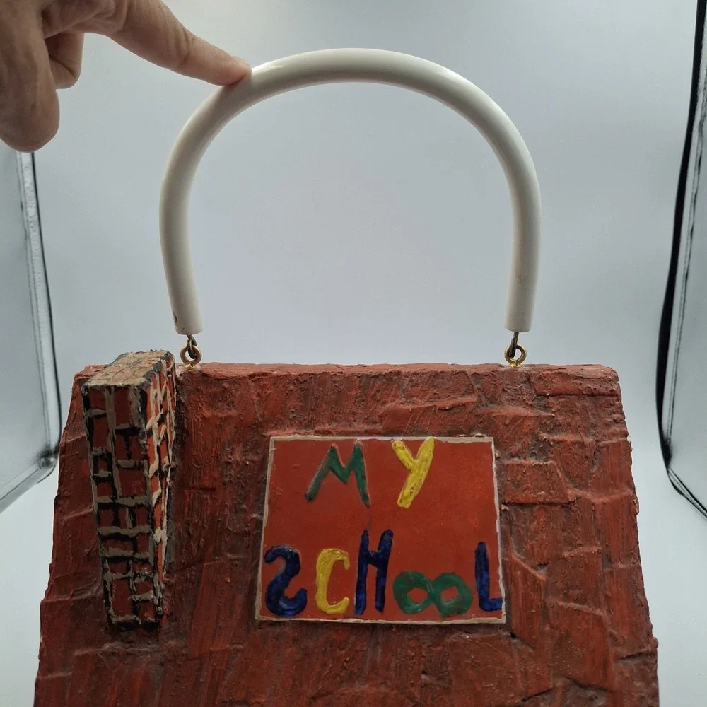 VTG 70s Folk Art Wood Box Purse Schoolhouse Teacher Gift Handpainted Kitsch Red